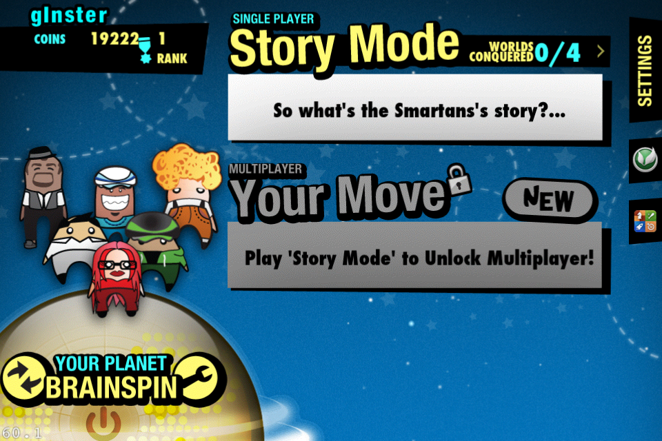 Story mode interface with level progression and narrative elements