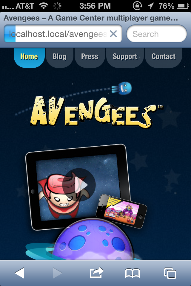 Avengees promotional website viewed on iOS Safari browser